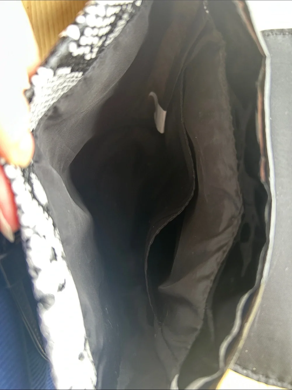 Small faux, snake skin and patent leather backpack